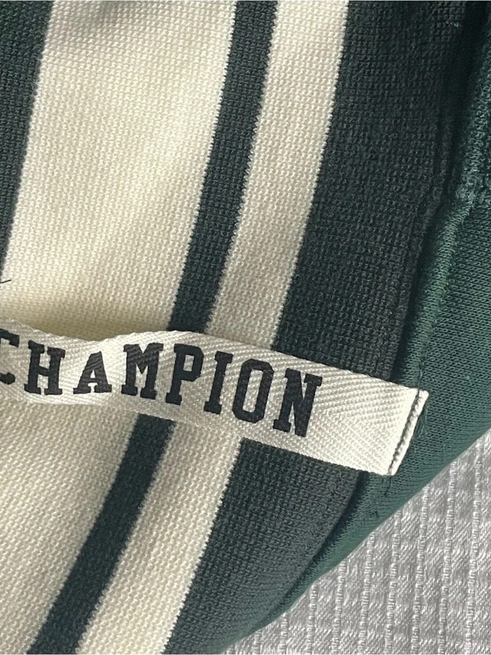 Champion Dark Green Crewneck Pullover with Cream Stripe Accents